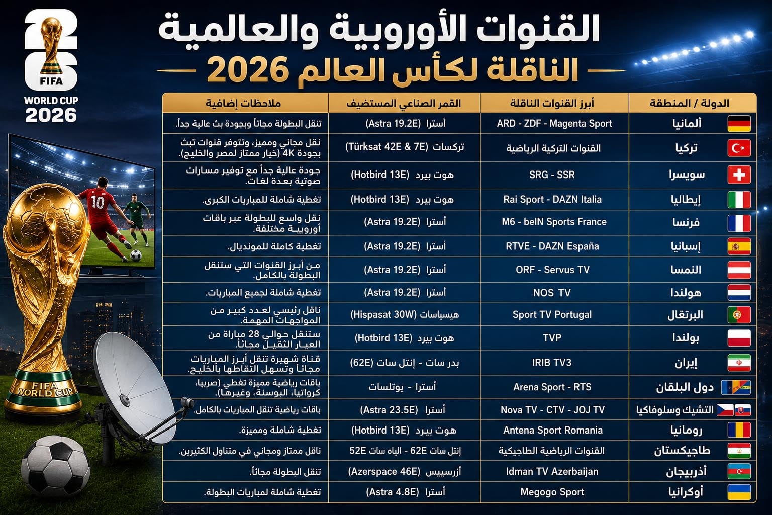 القنوات الناقلة لكأس العالم 2026 مجاناً وحل مشكلة التعليق